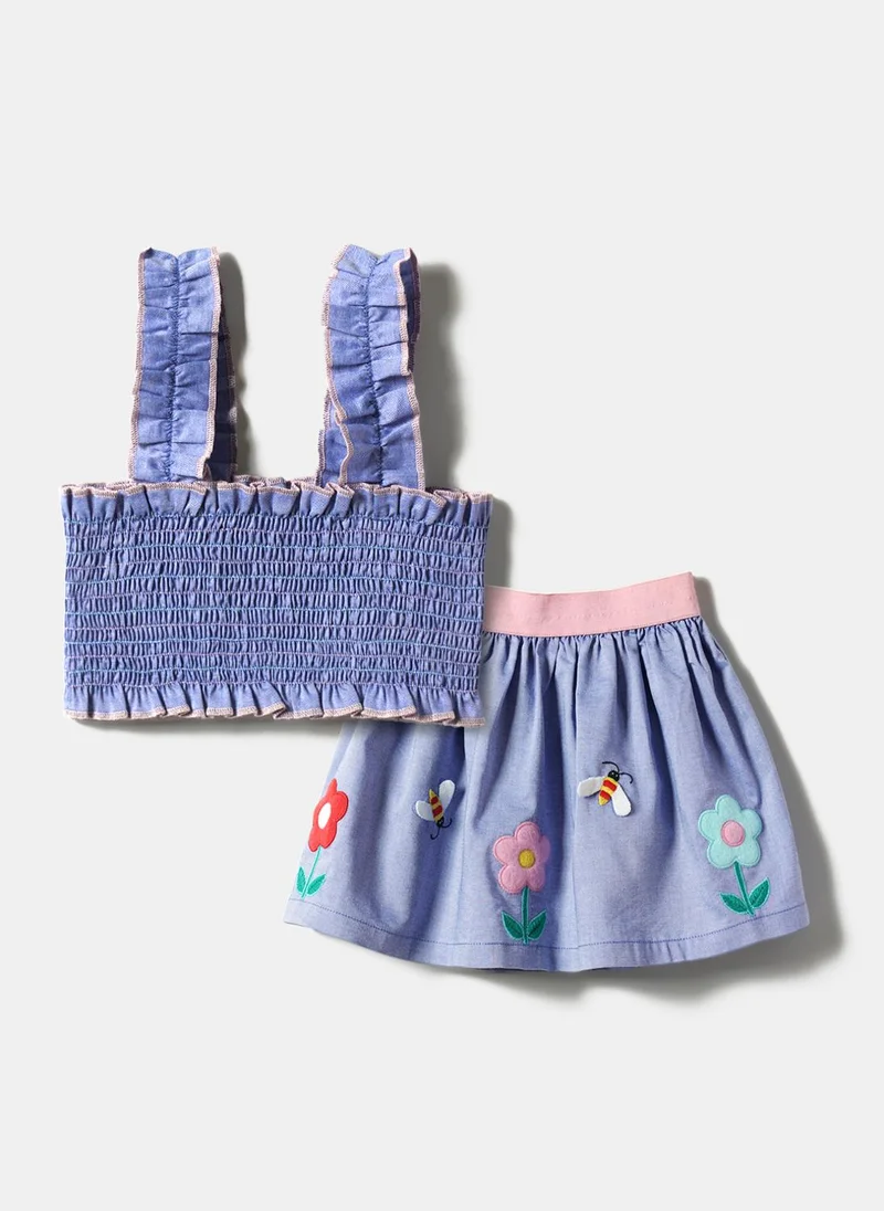 Nautinati Girls' Chambray Flowers and Bees Placement Printed Smocked Blouson Crop Top With Skirt Co-ord Set